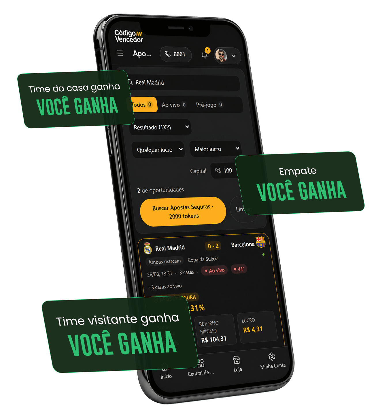 App Código Vencedor mostrando a ferramenta Aposta Segura, com os três resultados possíveis do jogo cobertos